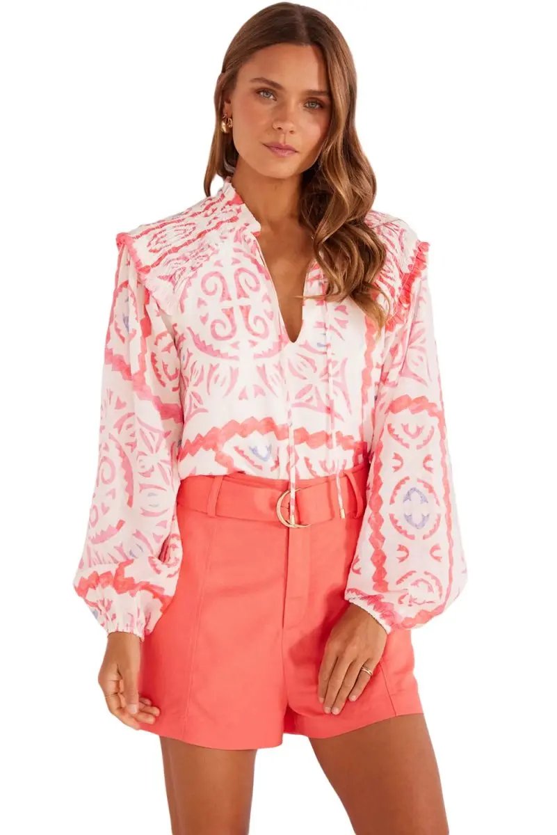 Accessories Love Salve Pink Floral Blouse Women's Daily Southern Belle Smocked Poet Top