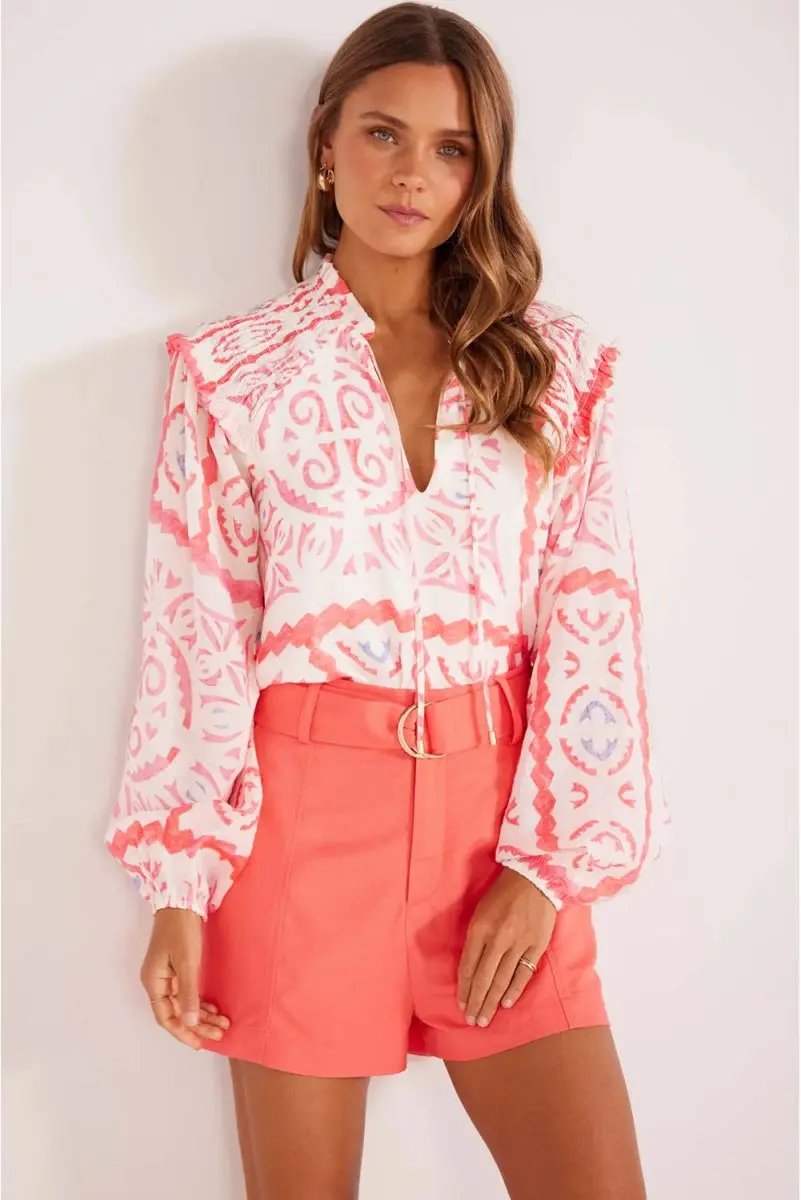 Accessories Love Salve Pink Floral Blouse Women's Daily Southern Belle Smocked Poet Top