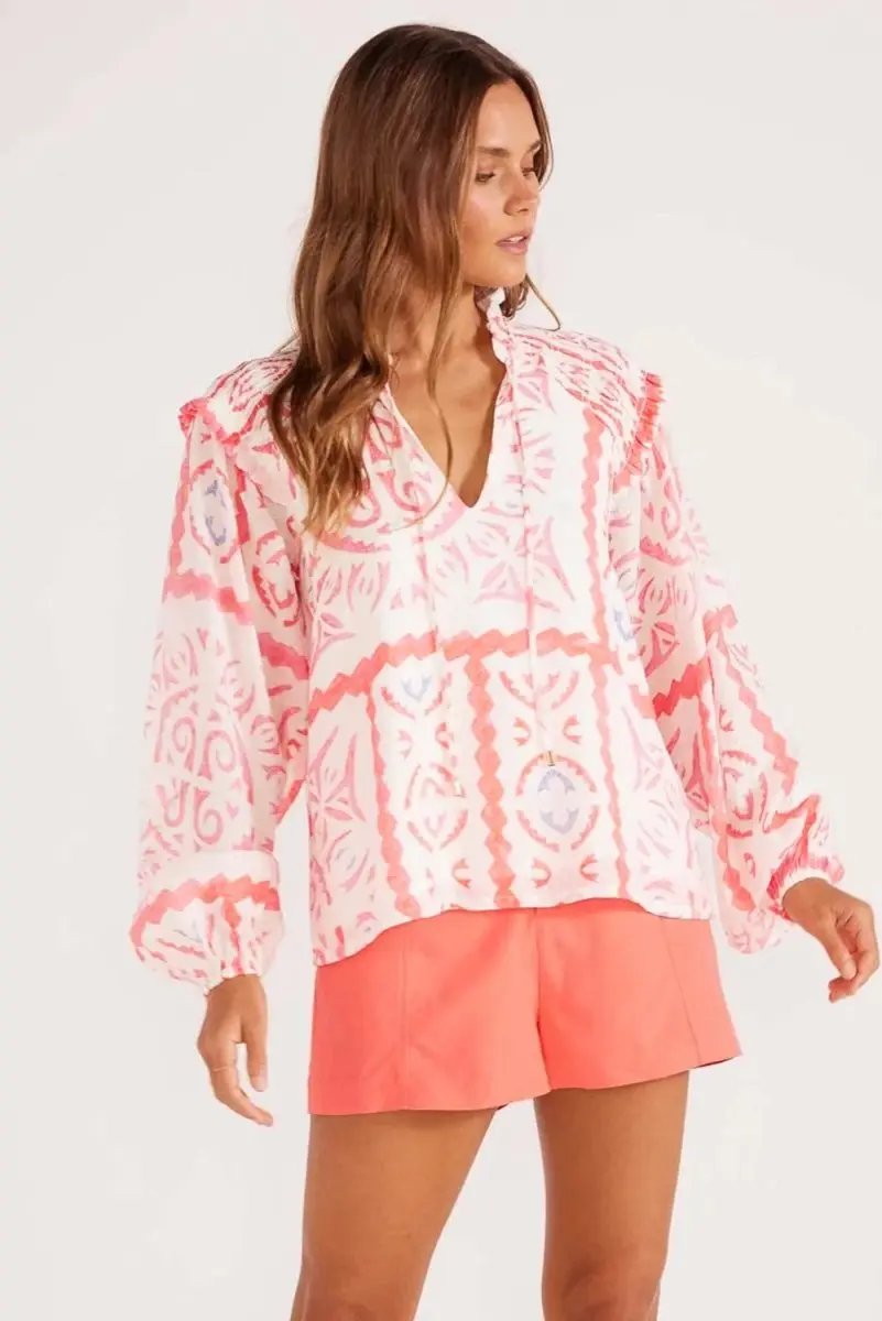 Accessories Love Salve Pink Floral Blouse Women's Daily Southern Belle Smocked Poet Top
