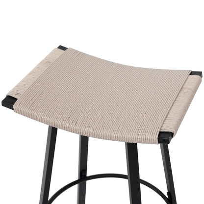 Counter Height Bar Stools Backless Handwoven Kitchen Dining Chairs With Round Footrest (Set of 2) Weaving Pub Stoo - Creamy White