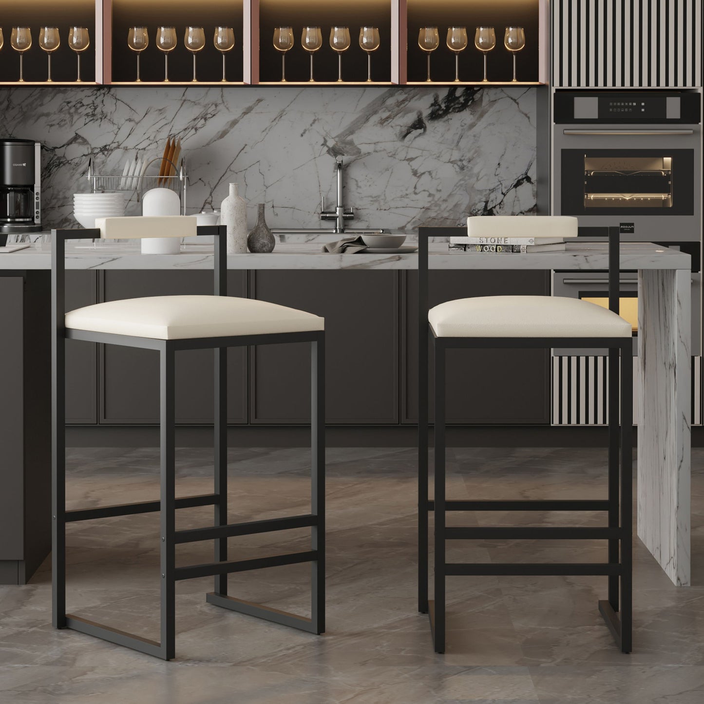 Elegant Bar Stool Set With Backrest And Footrest, Counter Height (Set of 2)