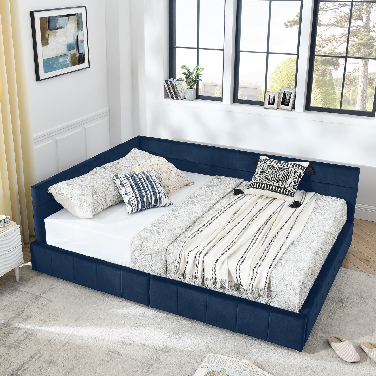 Upholstered Bed Frame With Tufted Backrest And Armrests