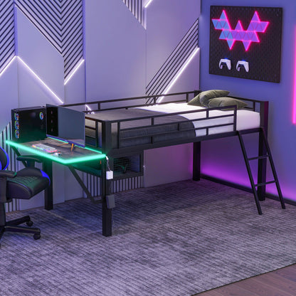 Gaming - Twin Loft Bed With Desk And LED - Black