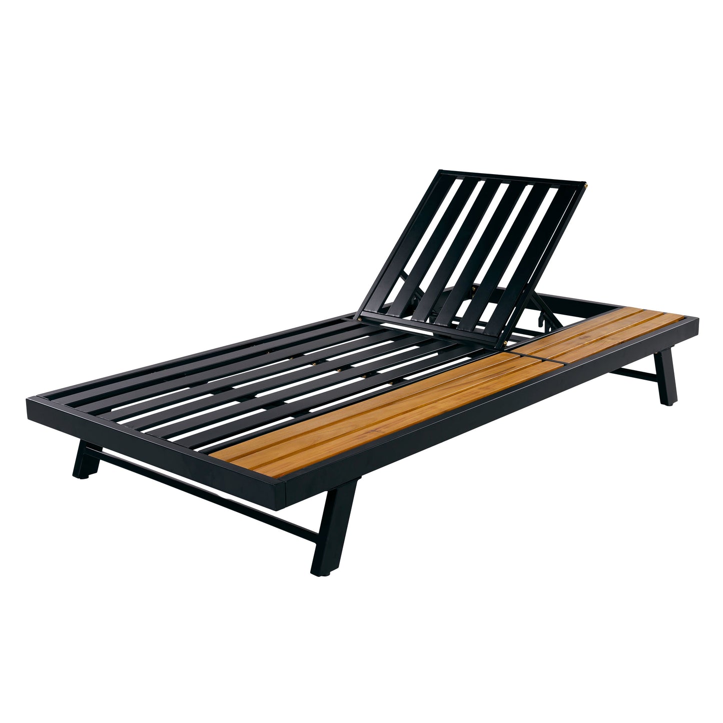 Black Iron + Teak Finish Wood Chaise Lounge Frame