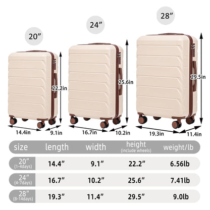 3-Piece ABS Spinner Wheel Luggage Set 20"/24"/28" Beige
