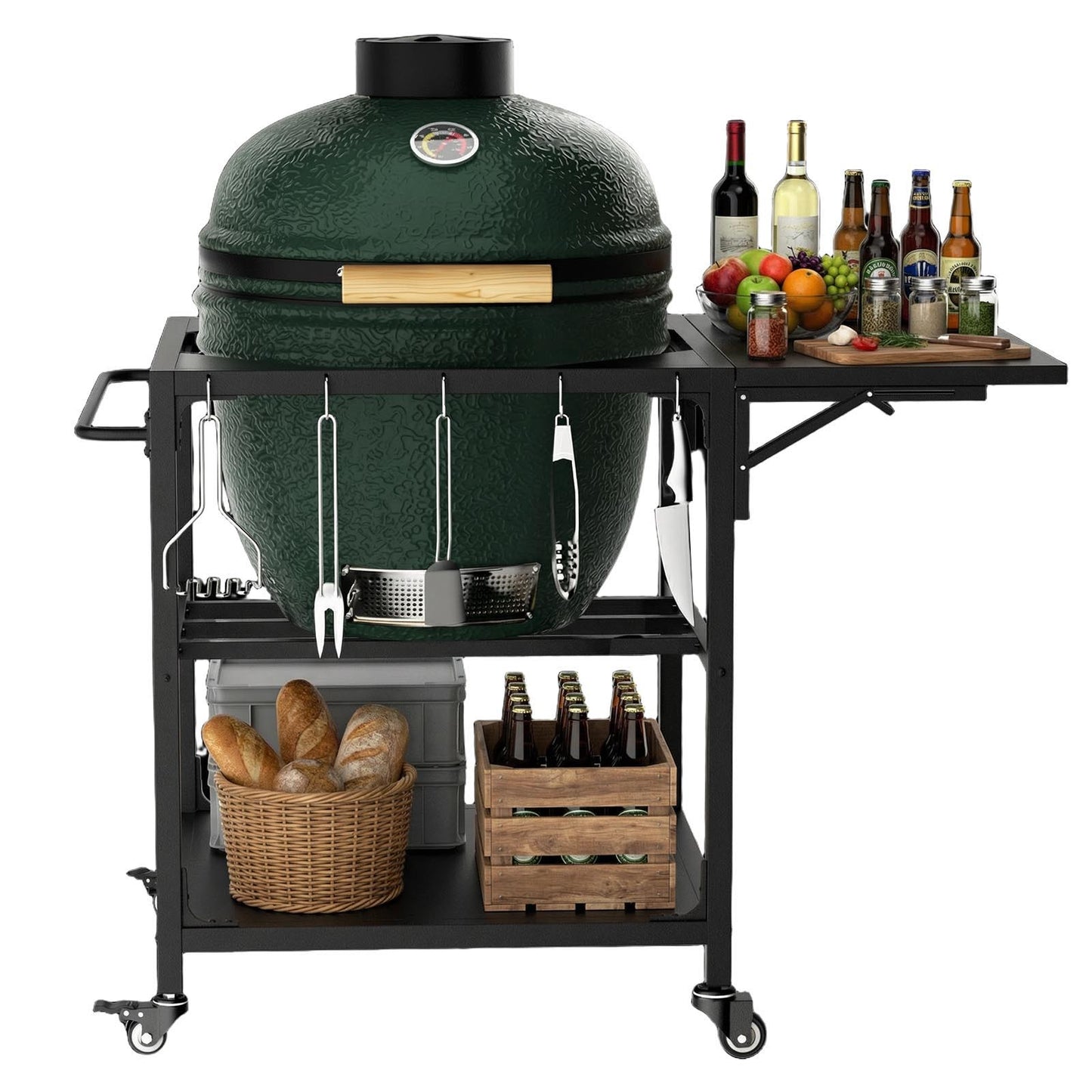 Outdoor Grill Table, Prep Cart With Wheels, Storage Shelf And Hooks - Black