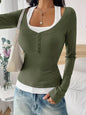 Contrast Long Sleeve Fake Two-Piece T-Shirt