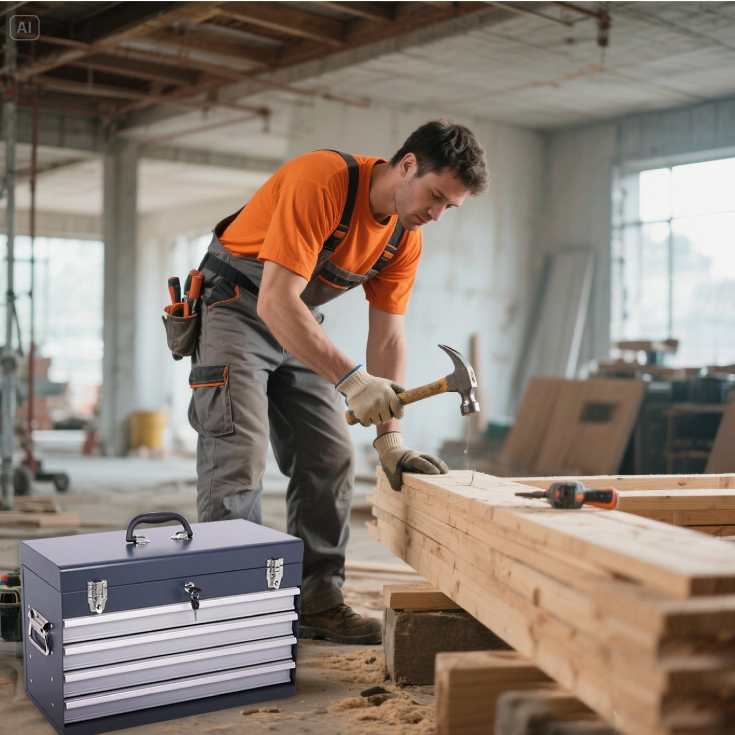 Heavy Duty Metal Tool Box, 21-inch with 4 Drawers
