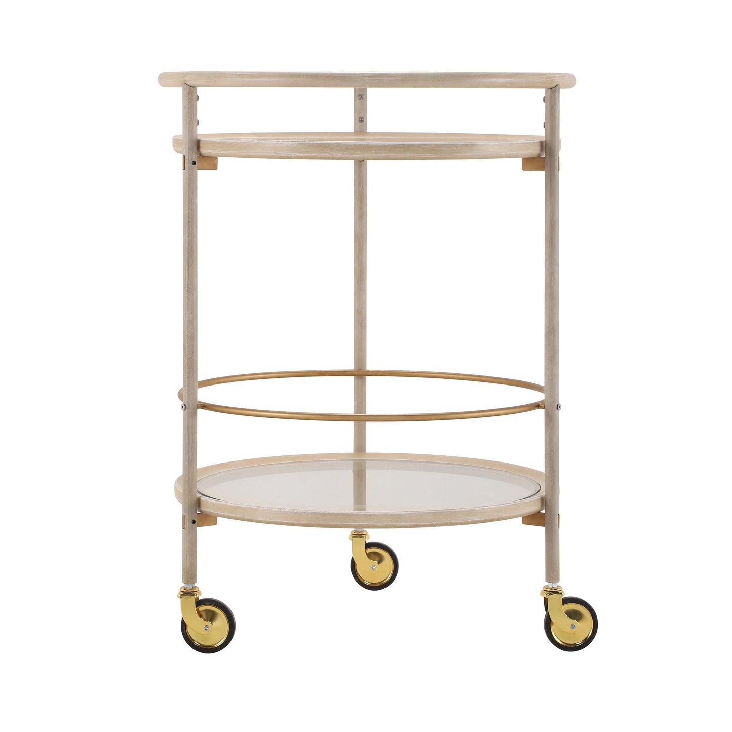 Round Bar Cart with Tempered Glass Shelves and Gold Accents