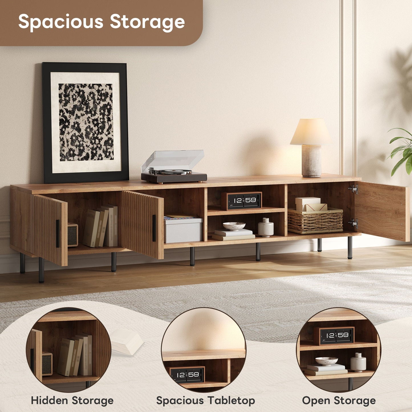 78" TV Stand For TVs Up To 85" With Closed Storage, Living Room Entertainment Center - Natural Wood