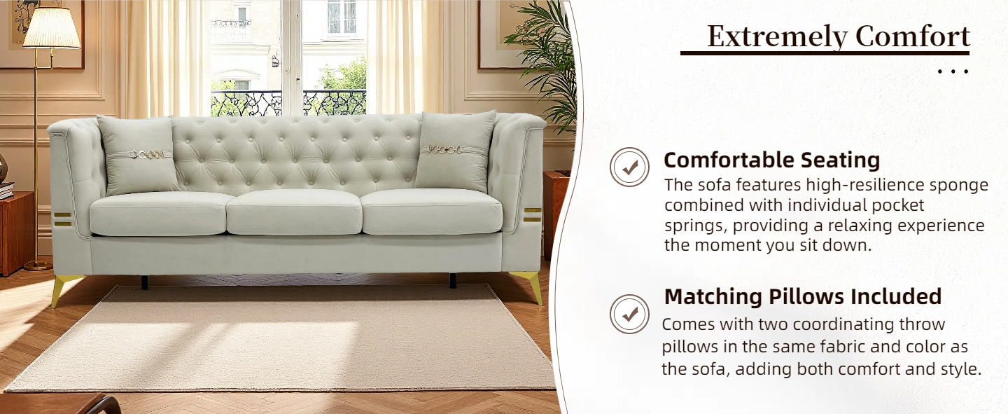 Modern Tufted Velvet Sofa with Gold Accents, 3-Seater