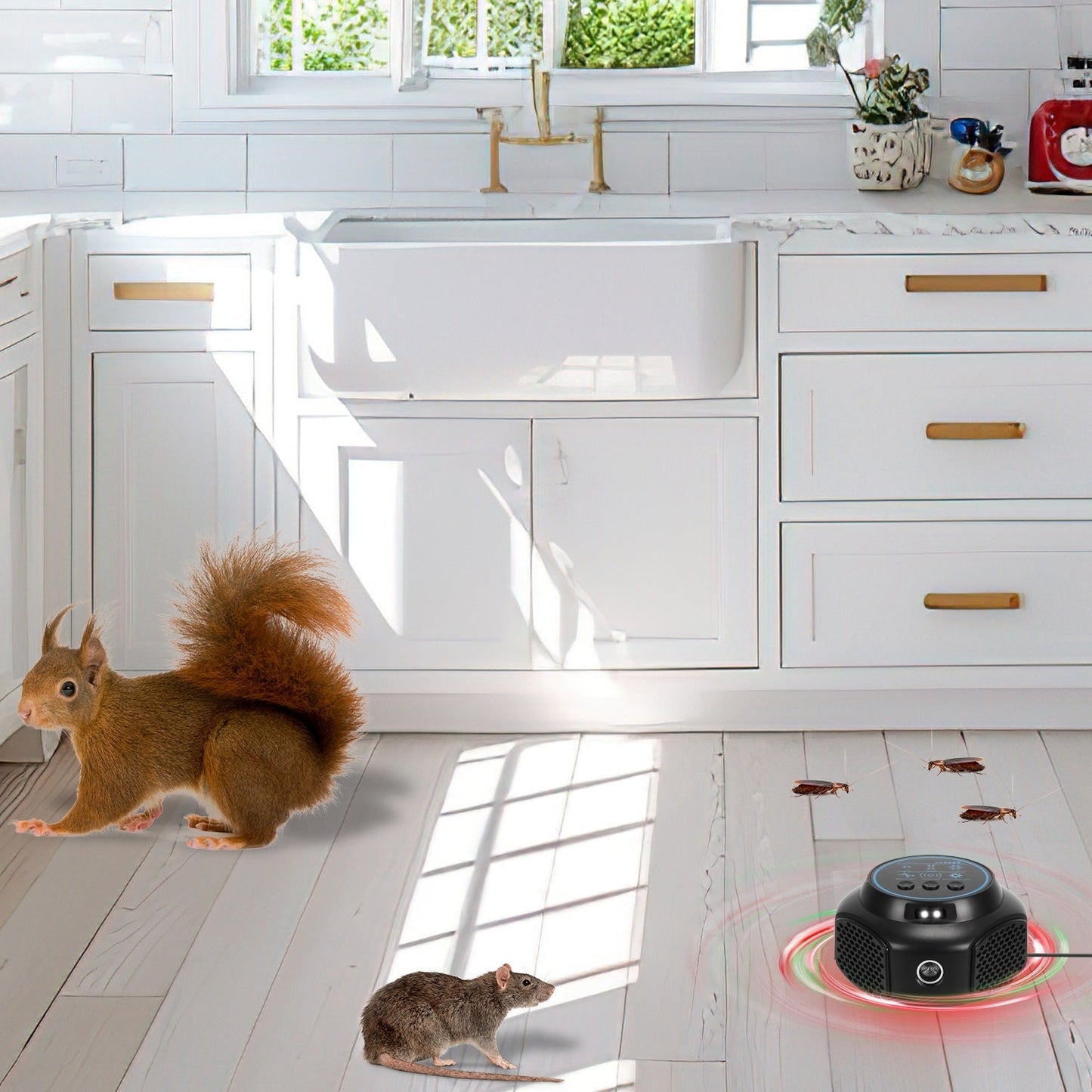 360¡ Ultrasonic Mice Repellent Indoor Rodent Repeller Rat Squirrel Rodent Chaser with 3 Modes 2 Strobe Lights for Kitchen Warehouse