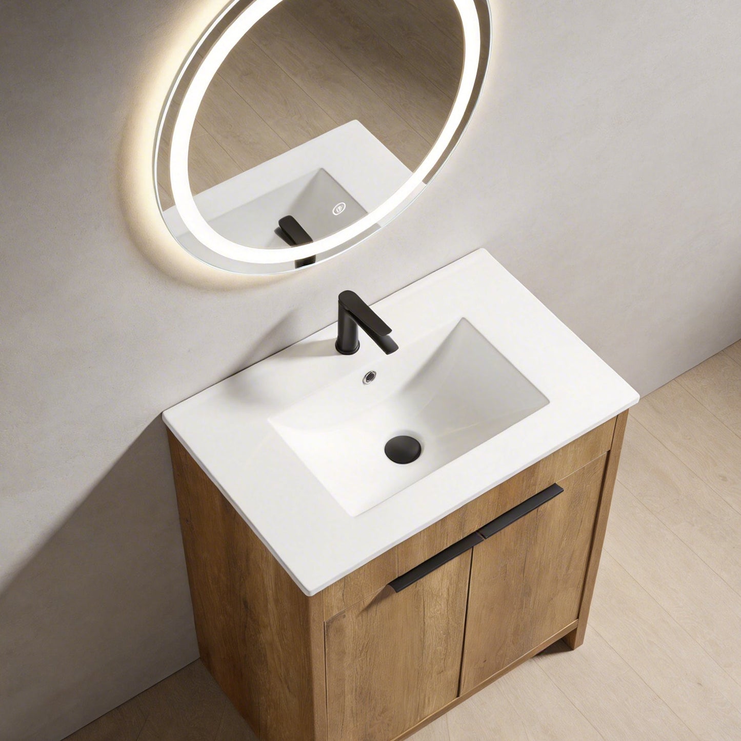 30inch Floor-Standing Bathroom Vanity with 3D Grooved Panel and Integrated Ceramic Sink