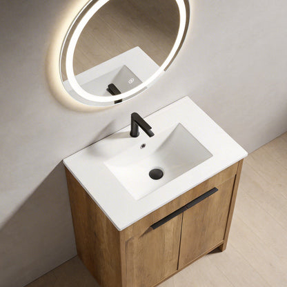 30inch Floor-Standing Bathroom Vanity with 3D Grooved Panel and Integrated Ceramic Sink