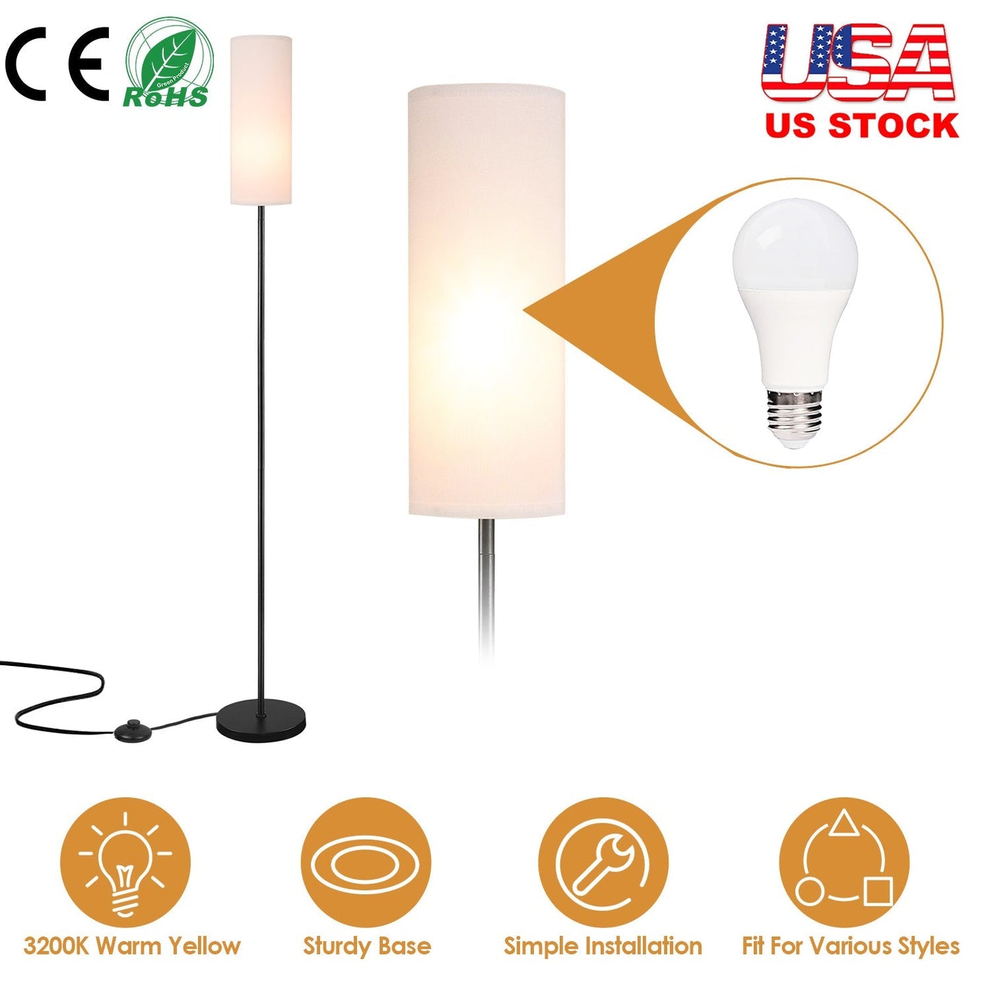 74.8in Tall Floor Lamp with Shade 3200K Warm Yellow Light Modern Standing Lamp Decorative Lamp with Foot Switch 6W Bulb for Bedroom Living Room