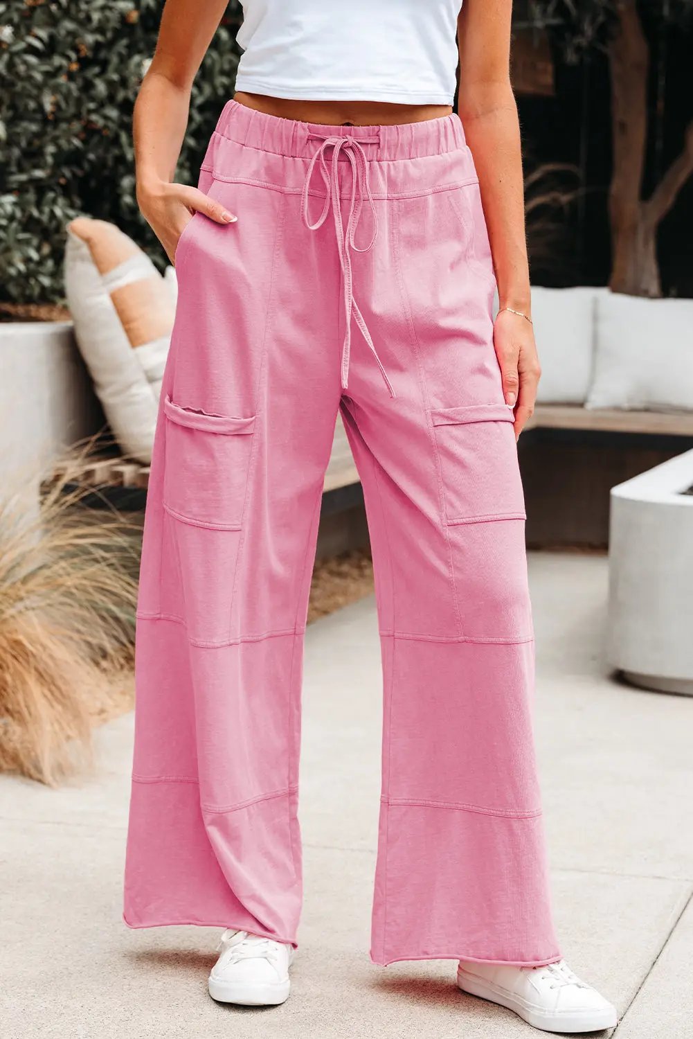Love Salve Mineral Wash Pink Cargo Pants Women's Casual Wide Leg + Drawstring