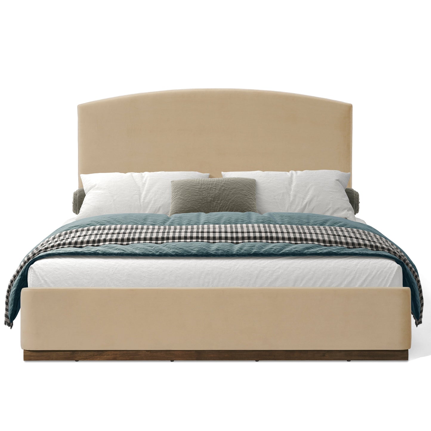 Queen Size Upholstered Bed Frame with Velvet Fabric Thick Headboard
