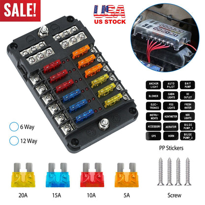 6-Way Fuse Box Holder w/ LED Indicator 6 Circuit Blade Fuse Block Sticker Label For 12-32V Automotive Boat Car SUV Marine