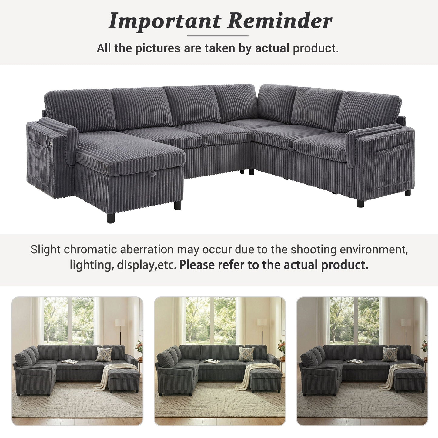 Convertible U-Shaped Sectional Sofa Bed With USB Ports And Storage