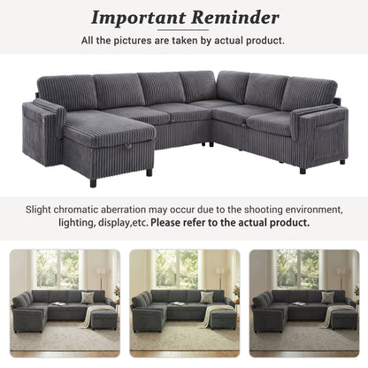 Convertible U-Shaped Sectional Sofa Bed With USB Ports And Storage