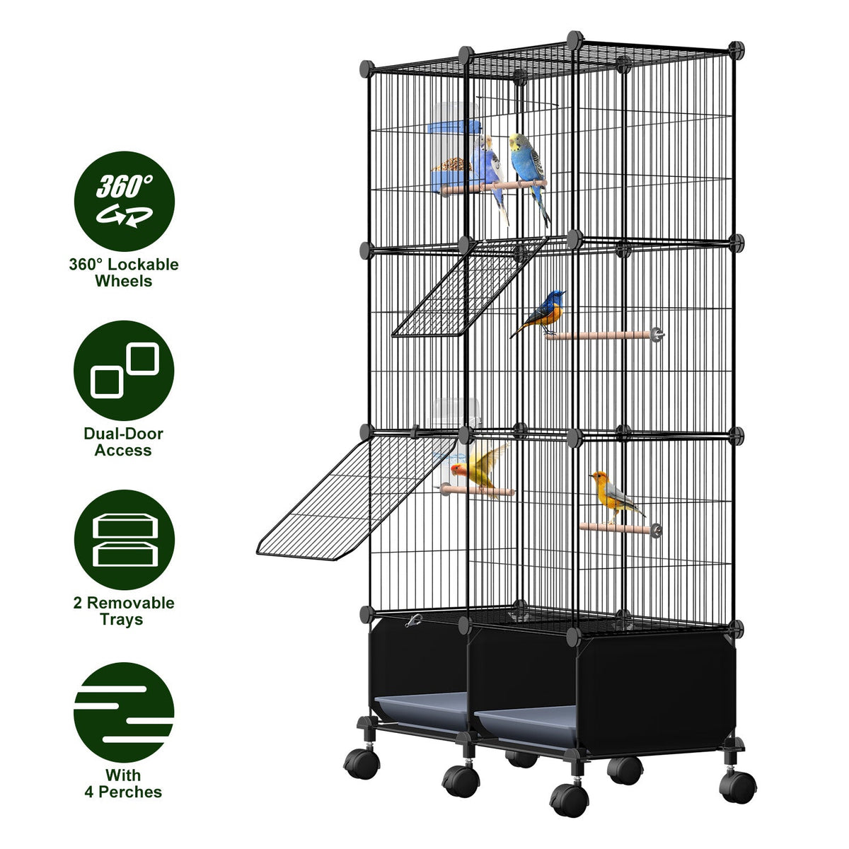 46-Inch Bird Cage with Wooden Perches and Rolling Wheels