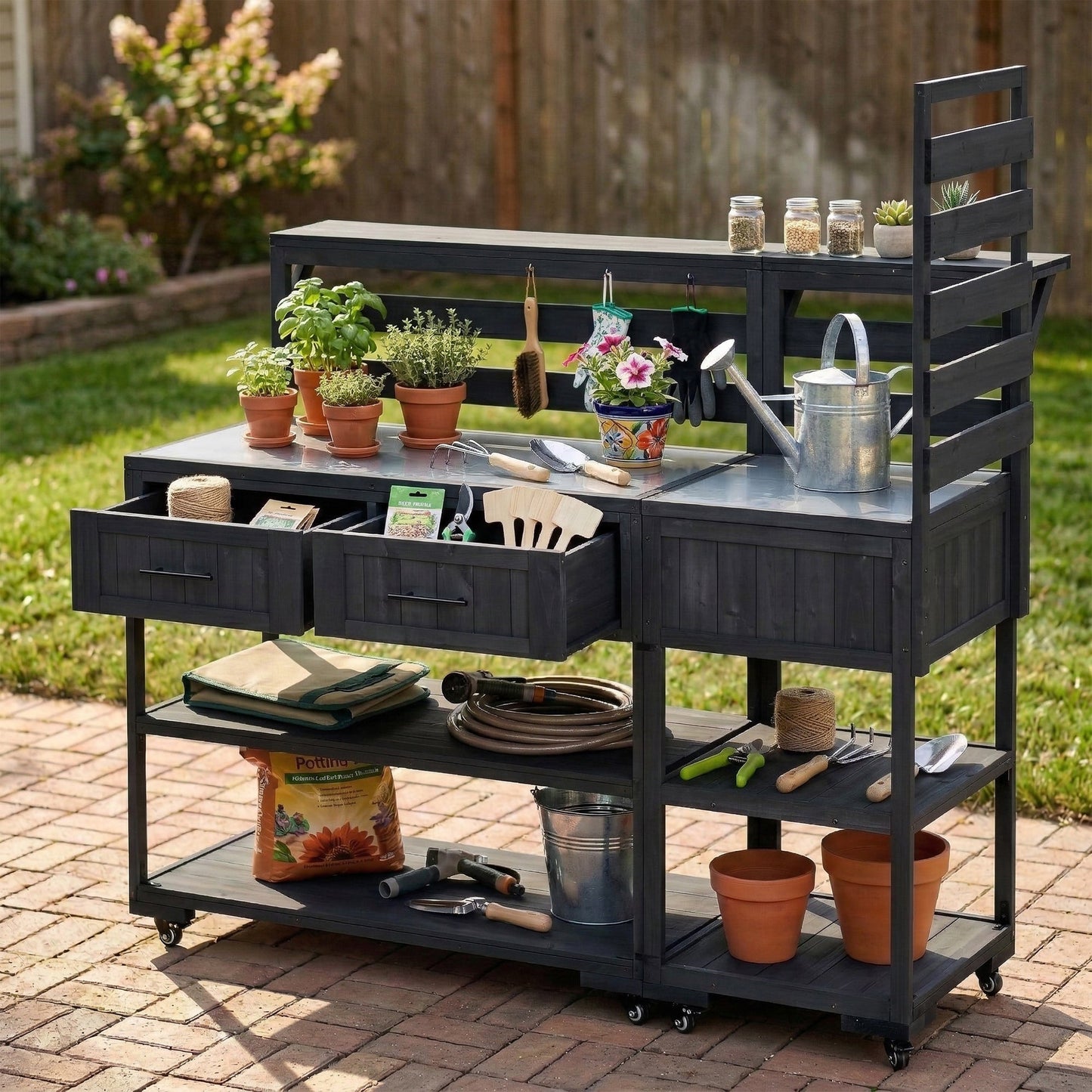 TOPMAX 62.3'' Patio Kitchen Island Solid Wood Kitchen Cart