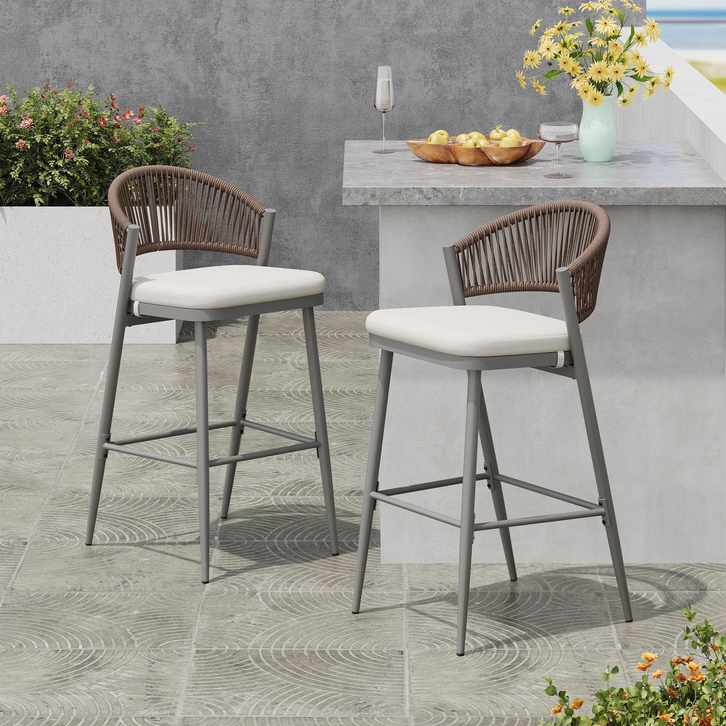 Outdoor Bar Height Metal Frame Counter Stools with Scallop-Shaped Backrest & Water-Resistant Cushions