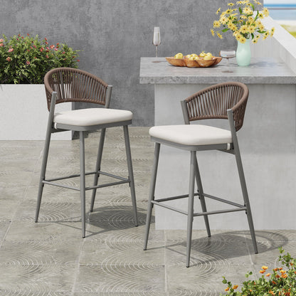 Outdoor Bar Height Metal Frame Counter Stools with Scallop-Shaped Backrest & Water-Resistant Cushions