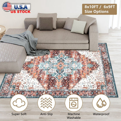 6x9FT VintageÊArea Rug Modern Non Slip Carpet Boho Low Pile Soft Rug Waterproof Machine Washable Rug for Living Room BedroomÊKitchen Dining Room Under