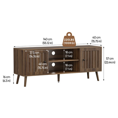 55" TV Cabinet With Vertical Groove Doors, Adjustable Shelves - Walnut