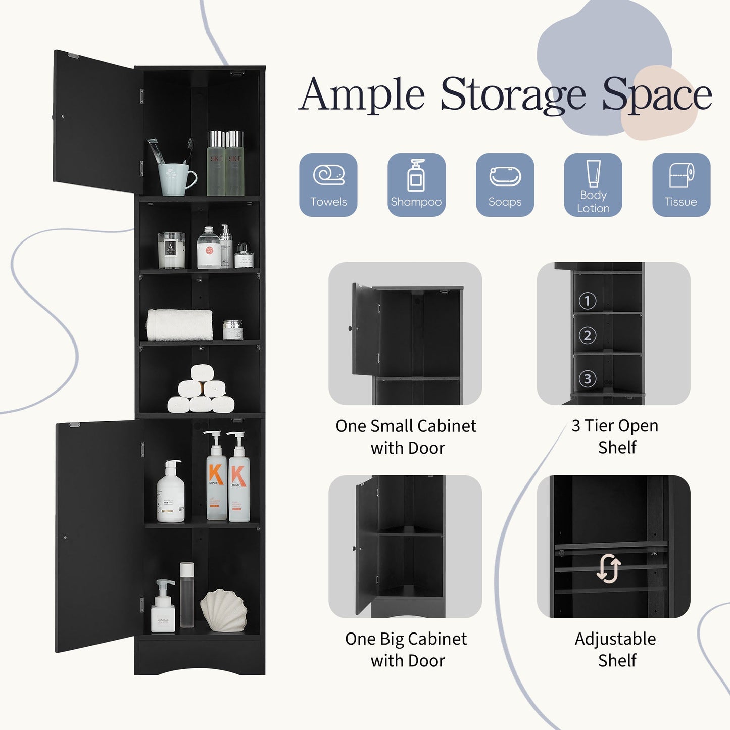 Multi-Functional Corner Cabinet Tall Bathroom Storage Cabinet with Two Doors and Adjustable Shelves, Open Shelf