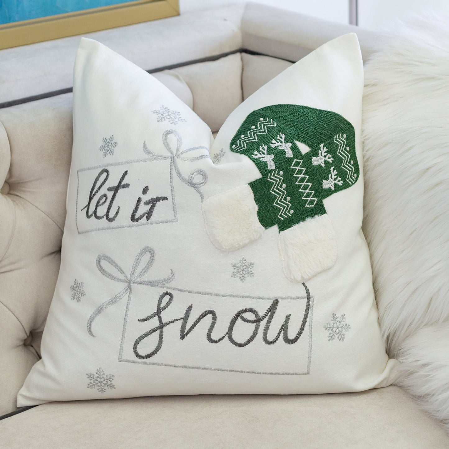 Let It Snow Christmas Throw Pillow 20x20 Cotton Cushion