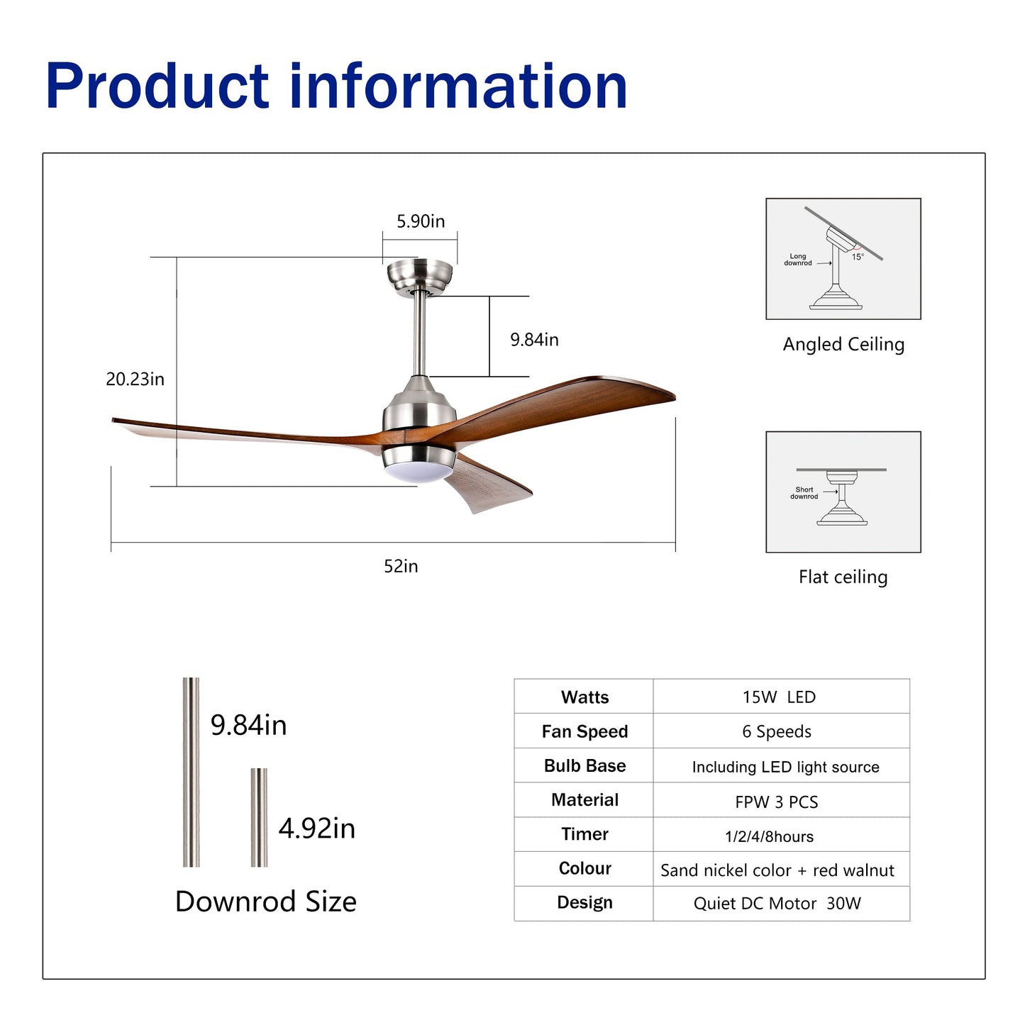 52" Solid Wood Blades Ceiling Fan with Lights and Remote Control