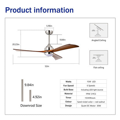52" Solid Wood Blades Ceiling Fan with Lights and Remote Control