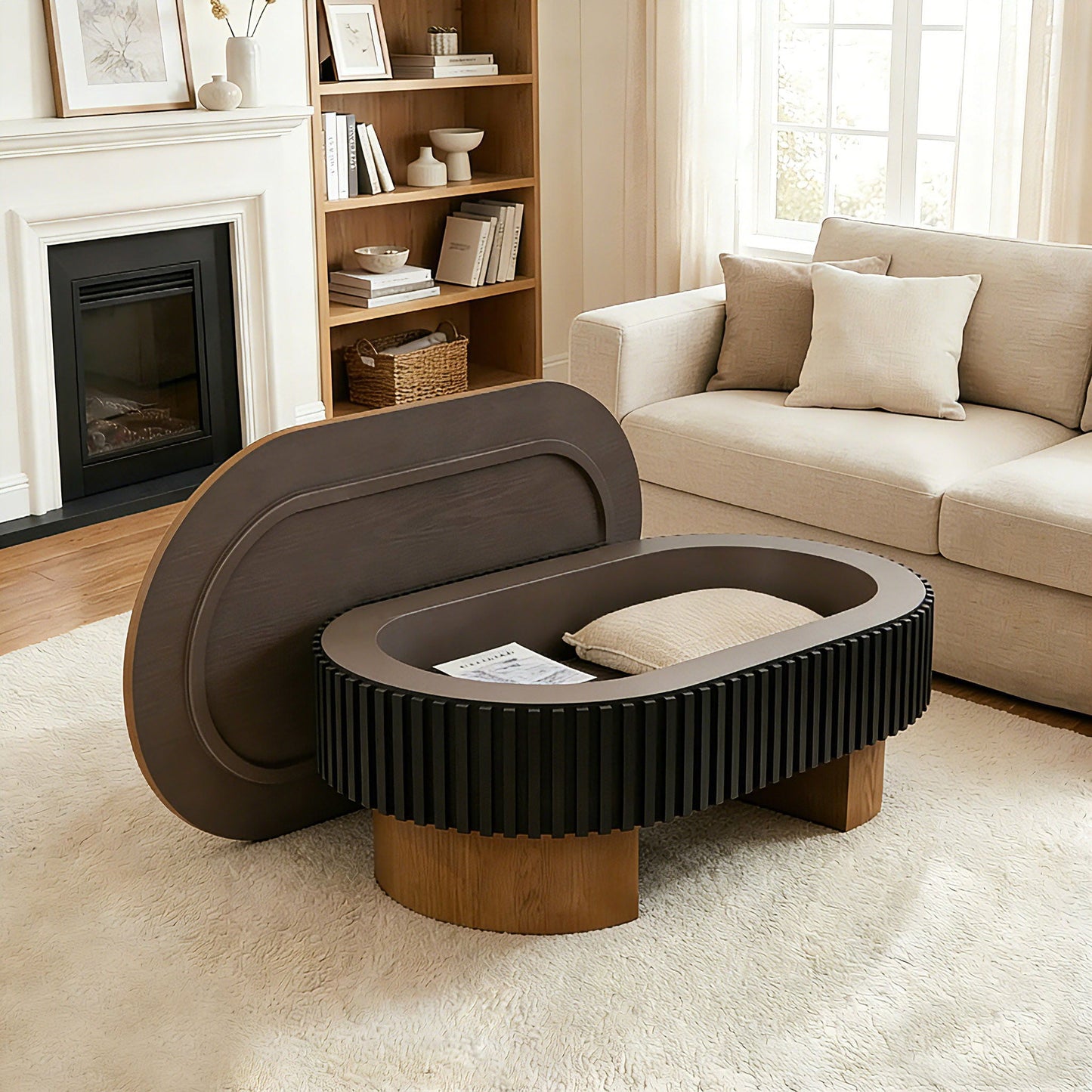 Elliptical Living Room Coffee Table With Hidden Storage And Removable Tabletop