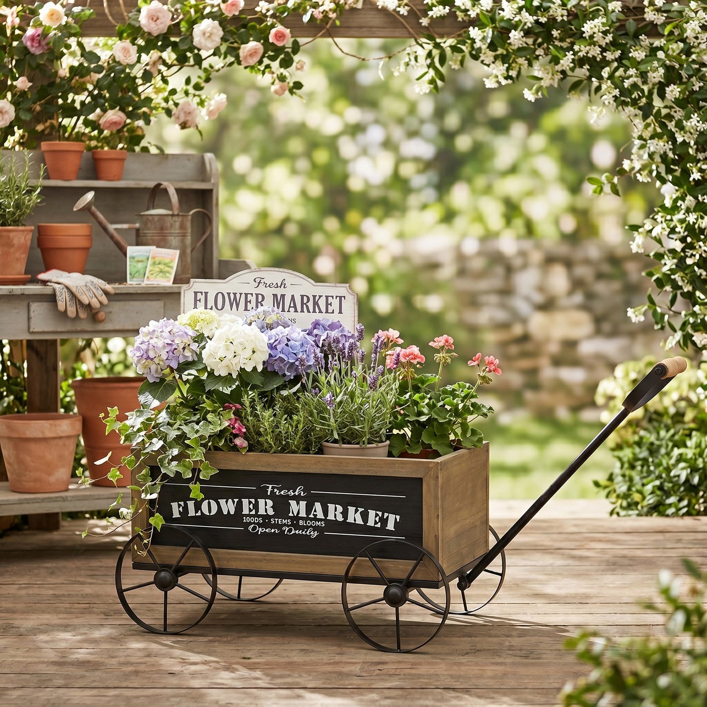 16.5x9.5x8" Rustic Wooden Wagon Planter with Flower Market Sign