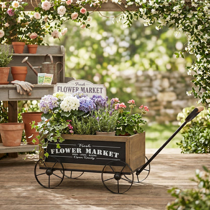 16.5x9.5x8" Rustic Wooden Wagon Planter with Flower Market Sign