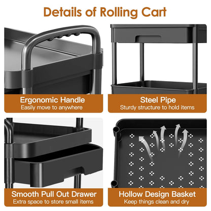 3 Tier Rolling Utility Cart Movable Storage Organizer with Drawer Lockable Wheels 360 Degree Rotatable Hallow Design for Bedroom Bathroom Kitchen