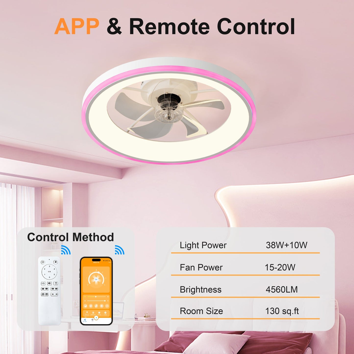 23.6" Modern RGB Ceiling Fan with Lights
