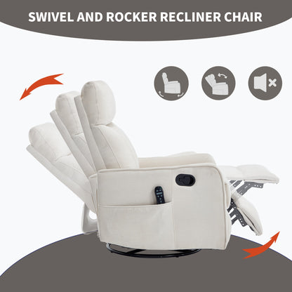 Beige Heat Massage Manual Recliner Chair with Rocker and Swivel