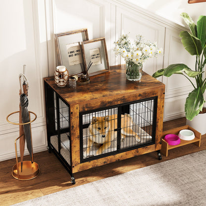 Industrial Dog Kennel with Flip-up Top 3 Lockable Doors and Removable Tray-Rustic Brown