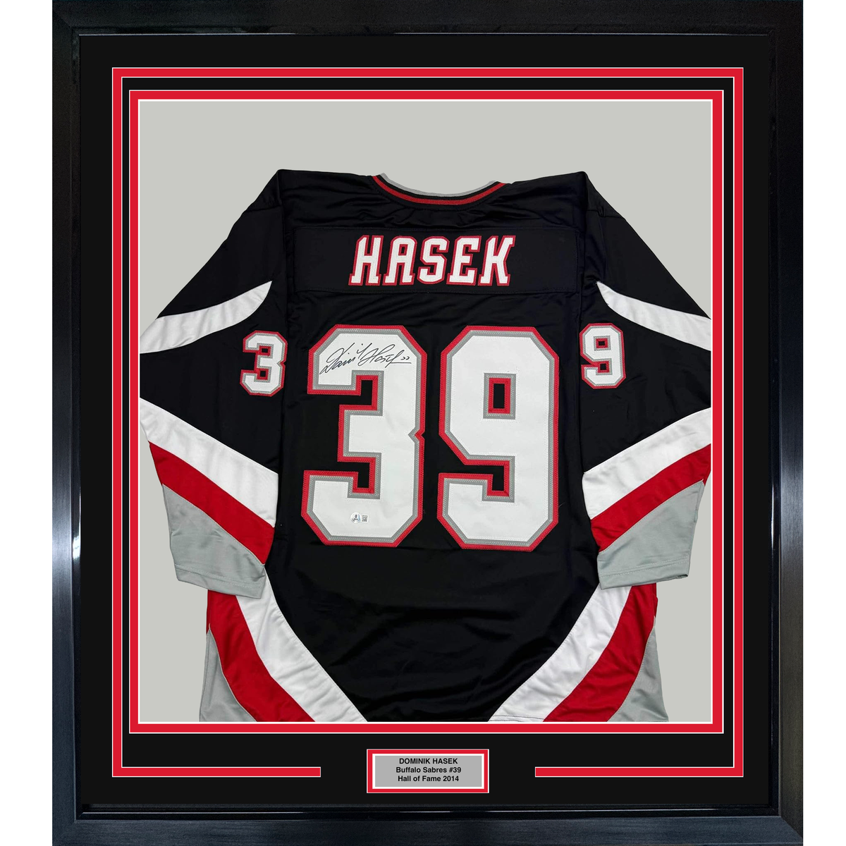 Framed Autographed/Signed Dominik Hasek 35x39 Buffalo Black Hockey Jersey Beckett BAS COA