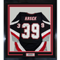 Framed Autographed/Signed Dominik Hasek 35x39 Buffalo Black Hockey Jersey Beckett BAS COA
