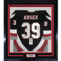 Framed Autographed/Signed Dominik Hasek HOF 14 35x39 Buffalo Black Hockey Jersey JSA COA