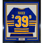 Framed Autographed/Signed Dominik Hasek 35x39 Buffalo Blue Hockey Jersey Beckett BAS COA