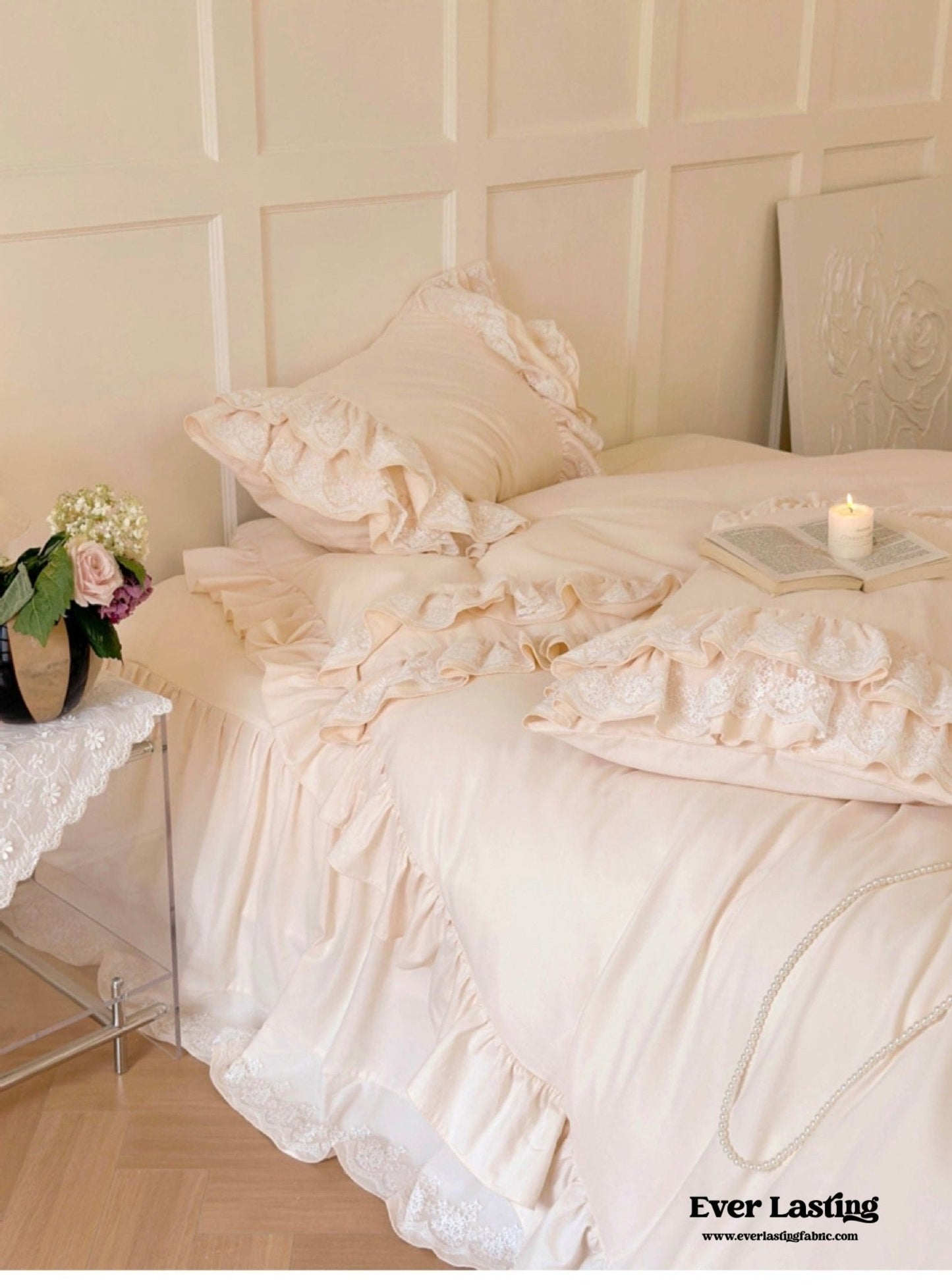 Double Lace Coquette Ruffle Bedding Set / Baby Pink