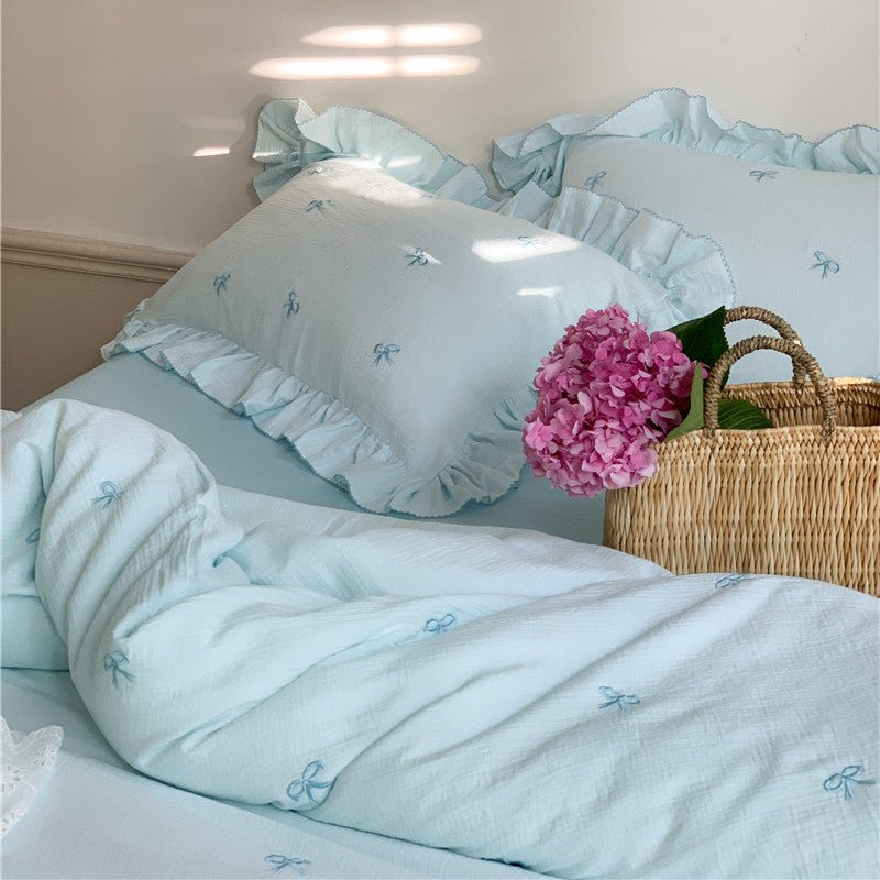 Double Layer Ribbon Tie White Ruffle Bedding Set