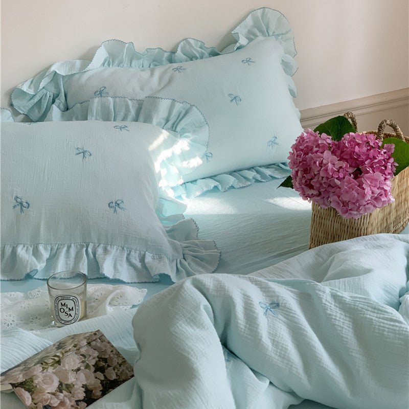 Double Layer Ribbon Tie White Ruffle Bedding Set