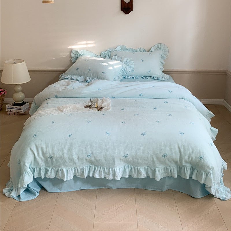 Double Layer Ribbon Tie White Ruffle Bedding Set