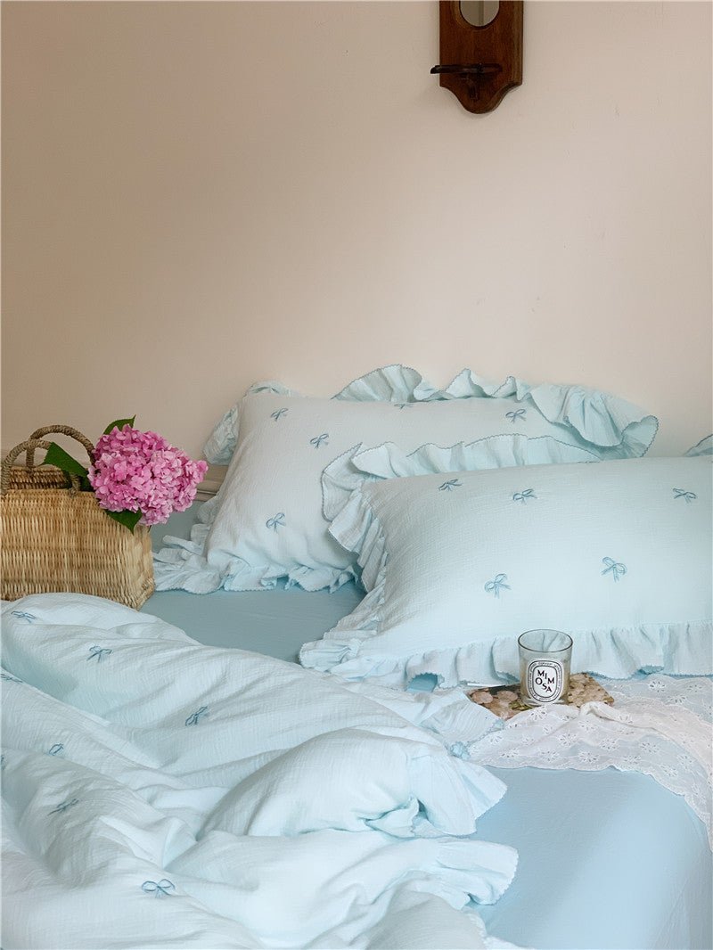 Double Layer Ribbon Tie White Ruffle Bedding Set